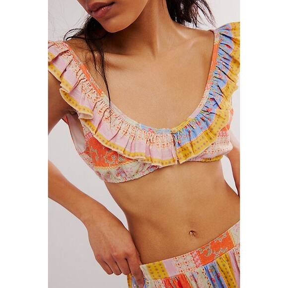 New Free People As It Was Midi Skirt Set $168 MEDIUM Orange/Blue Crop Top - Picture 2 of 7